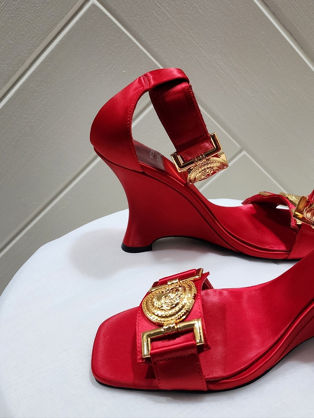 Jeffrey Campbell Red Satin Medallion Ankle-Strap Heels - Picture 3 of 6